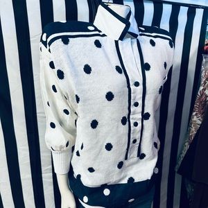 Side Effects 80s Vintage Cotton Knit / Linen Polka Dot Shoulder Pad Cardigan